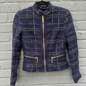 Les Copains Knit Cropped Zippered Jacket Blue White Size 2 -4 Made in Italy